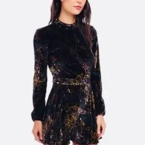 Free People Open Back Printed Velvet Romper, Emerald Mix, Size 4